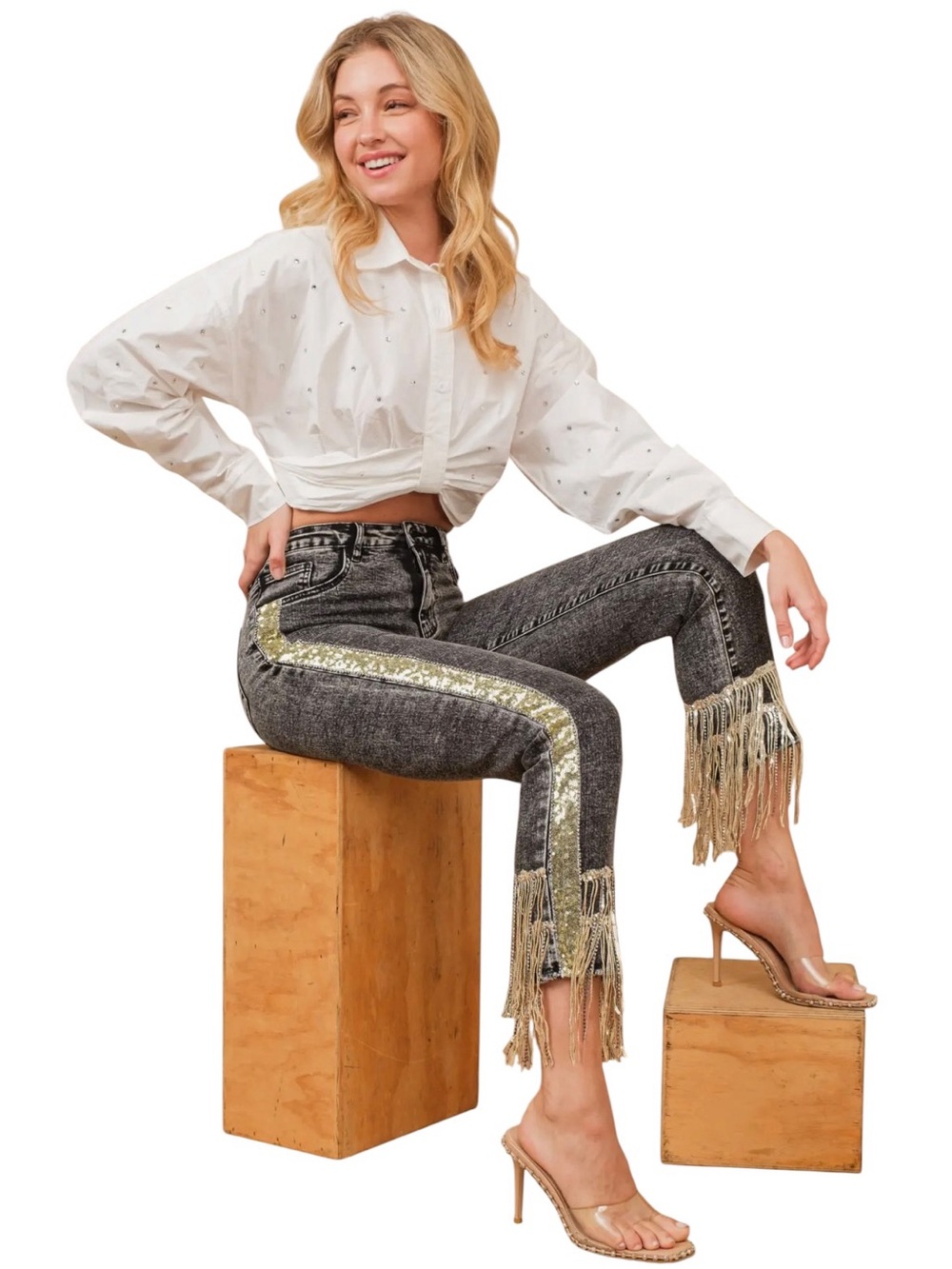 NEW blue b Charcoal Washed Gold Side Sequin Tape & Rhinestone Fringe Denim Jeans